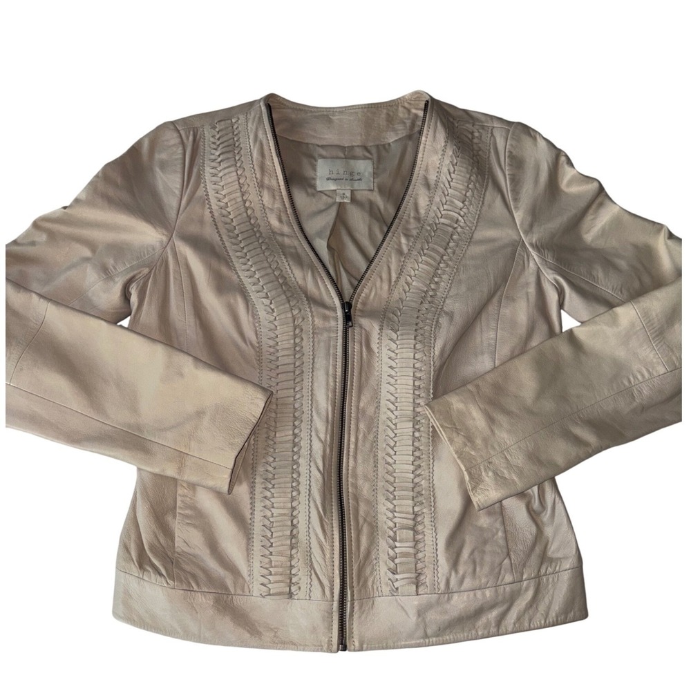 Hinge Genuine‎ Leather Jacket M Beige Tan Woven Braided Zip Collarless Moto Luxe - Picture 2 of 6